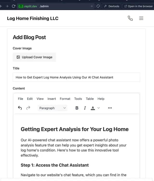 AI Chat Assistant for Log Home Restoration: Upload Photos & Get Expert Advice