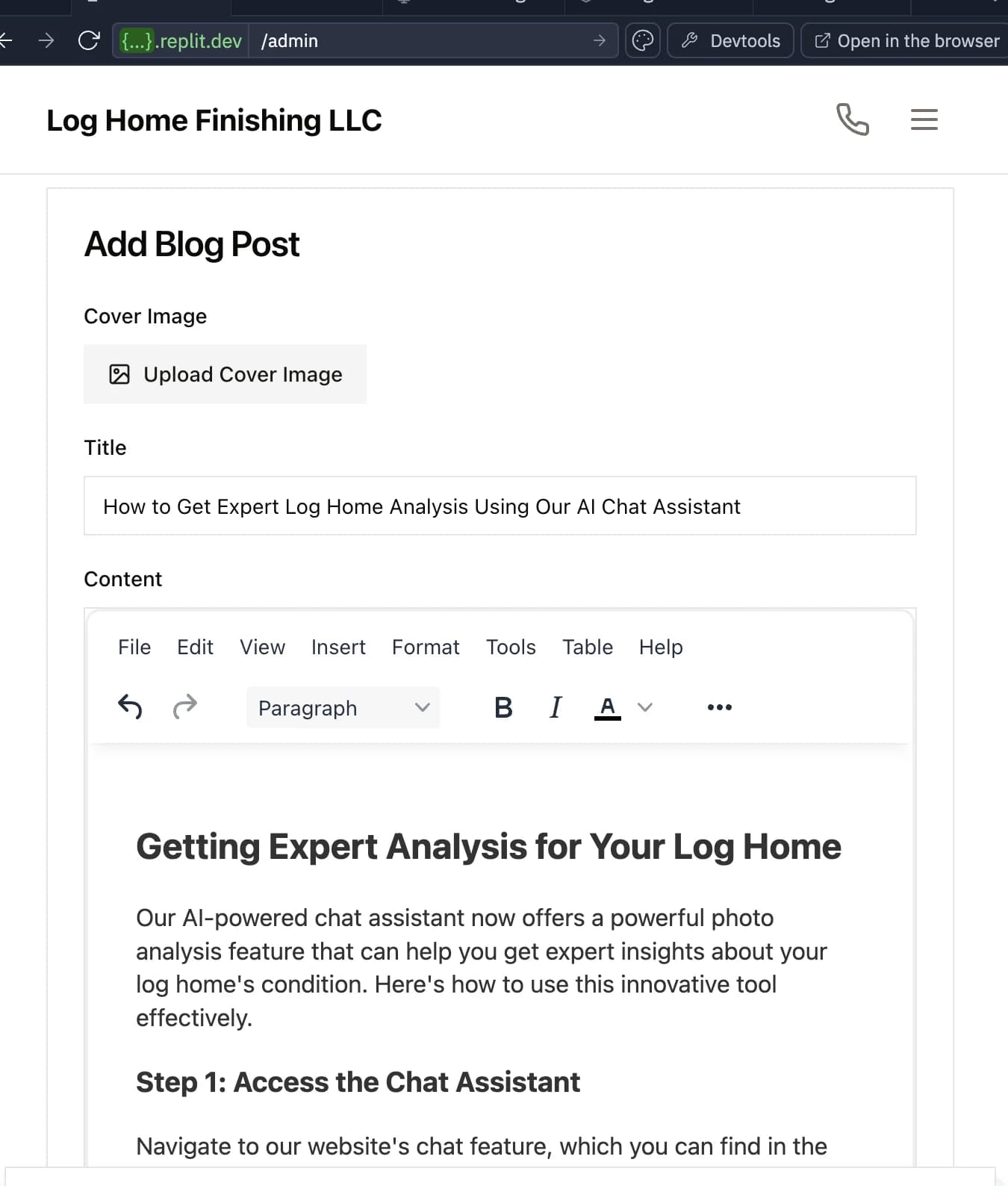 AI-powered log home analysis interface showing photo upload feature for instant restoration advice and expert recommendations