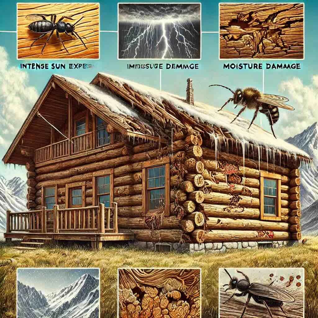 Before: 10-year UV damage progression on squared log profiles in Colorado mountain environment. After: Comparison showing proper maintenance preserves log home appearance and structural integrity