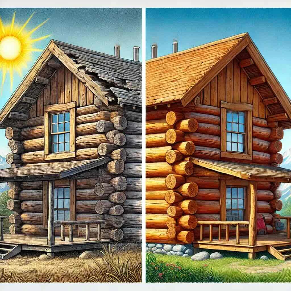 Before: UV-damaged untreated log home showing gray weathered wood deterioration. After: Protected stained logs demonstrating investment protection benefits of professional log home staining