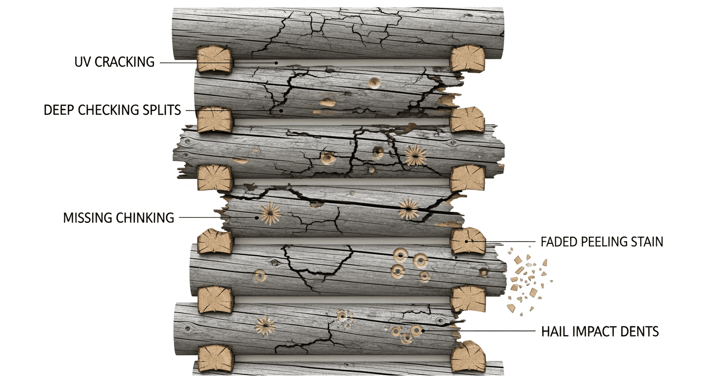 UV and hail damage patterns on high-altitude log homes in Lake County Colorado
