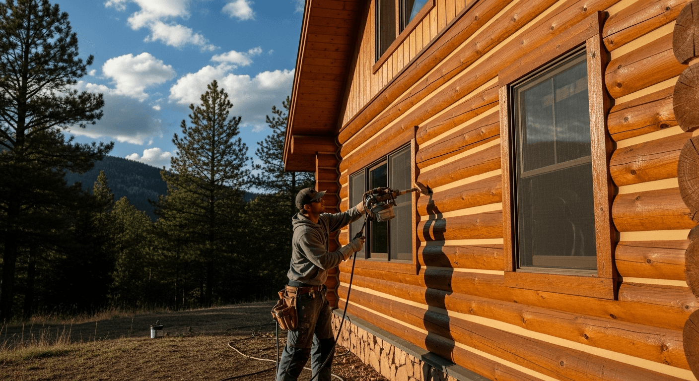 Professional log home maintenance in progress