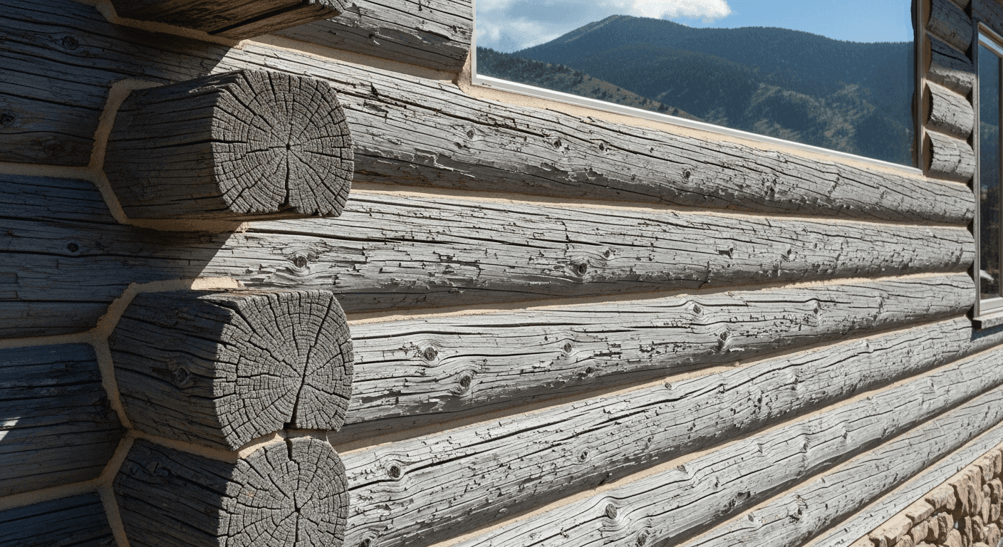 Weathered gray log home exterior before professional staining in Colorado