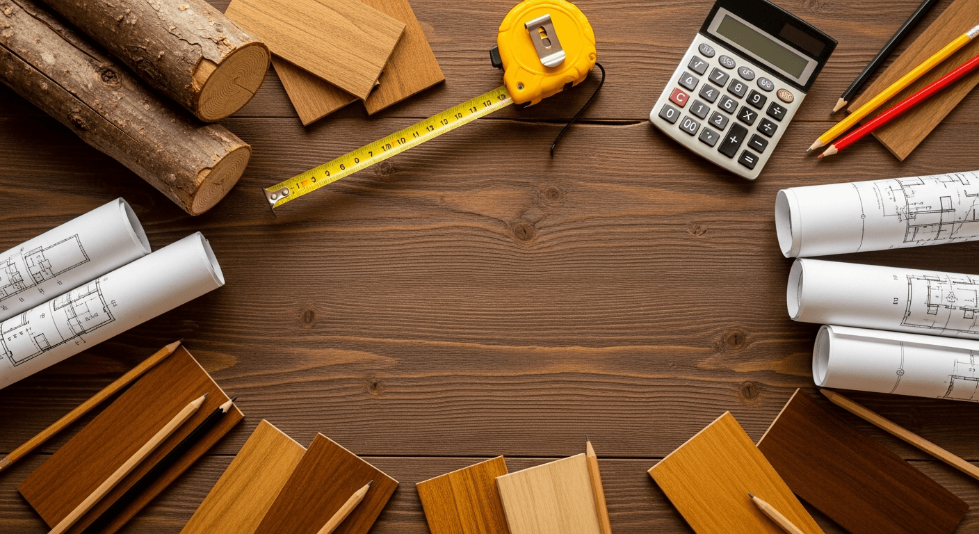 Log home cost estimation workspace with calculator, tape measure, and blueprints