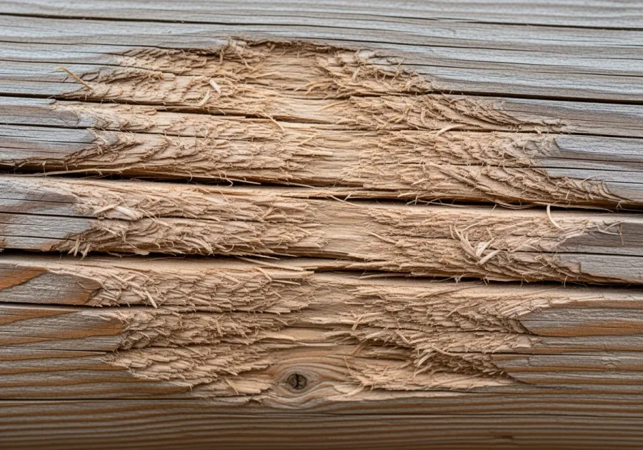 Detailed close-up of a log surface showing severe wood felting damage from pressure washing — raised fuzzy wood fibers creating a carpet-like texture where high-pressure water has pulverized the soft spring wood, with water droplets trapped in the damaged fibers