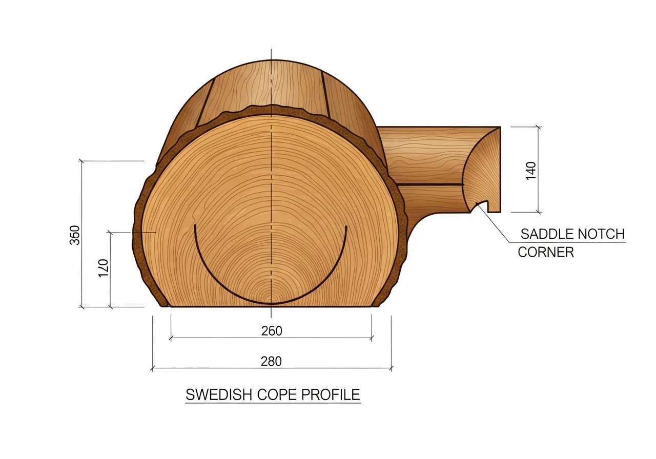 Swedish Cope log profile cross-section showing half-moon groove