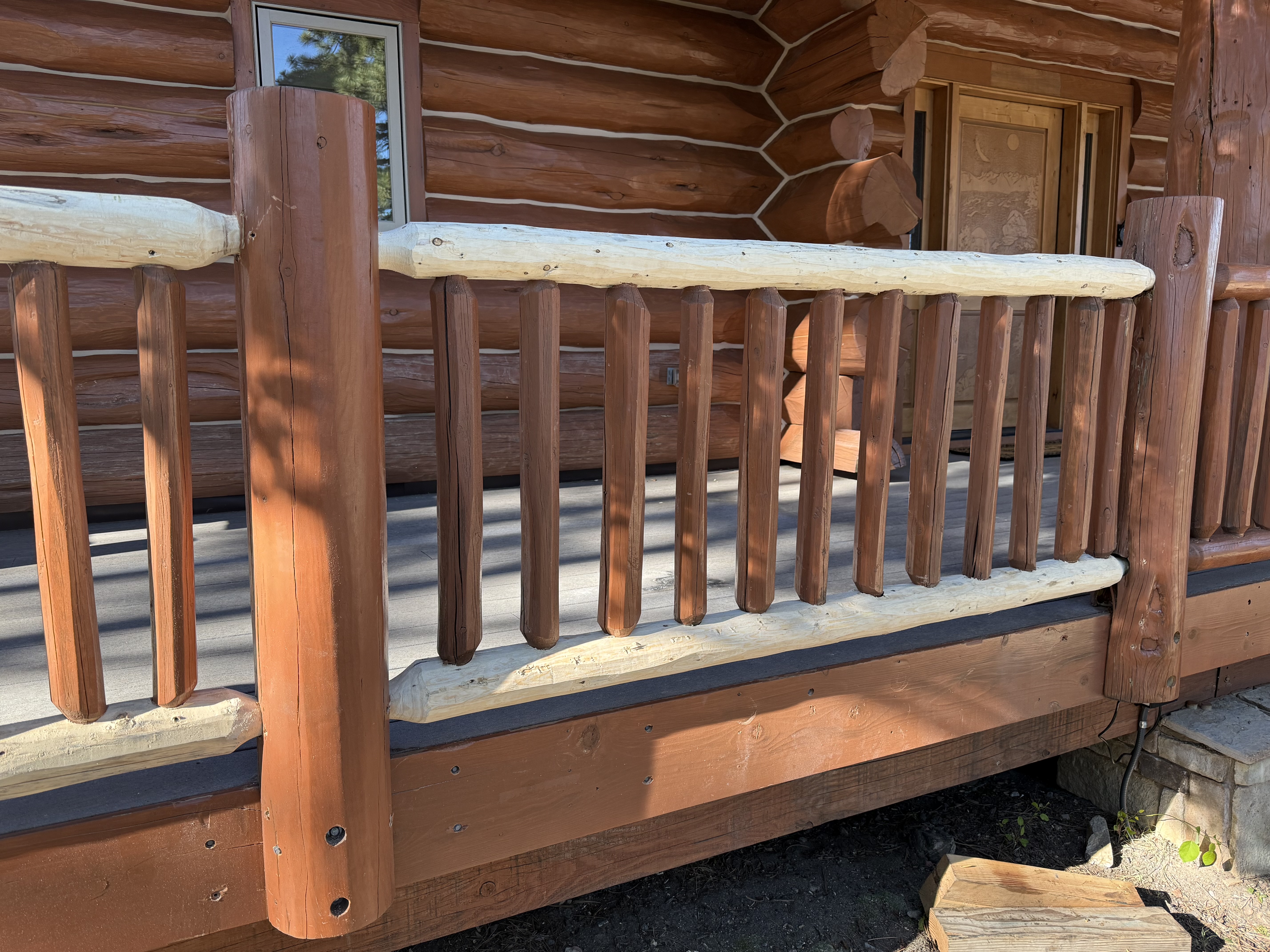 Application of protective finish to custom log railings